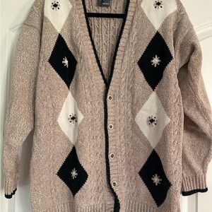 LIZ Wear Womens Sz M Heavyweight Argyle Grandpa V Neck Cardigan Sweater Cottage